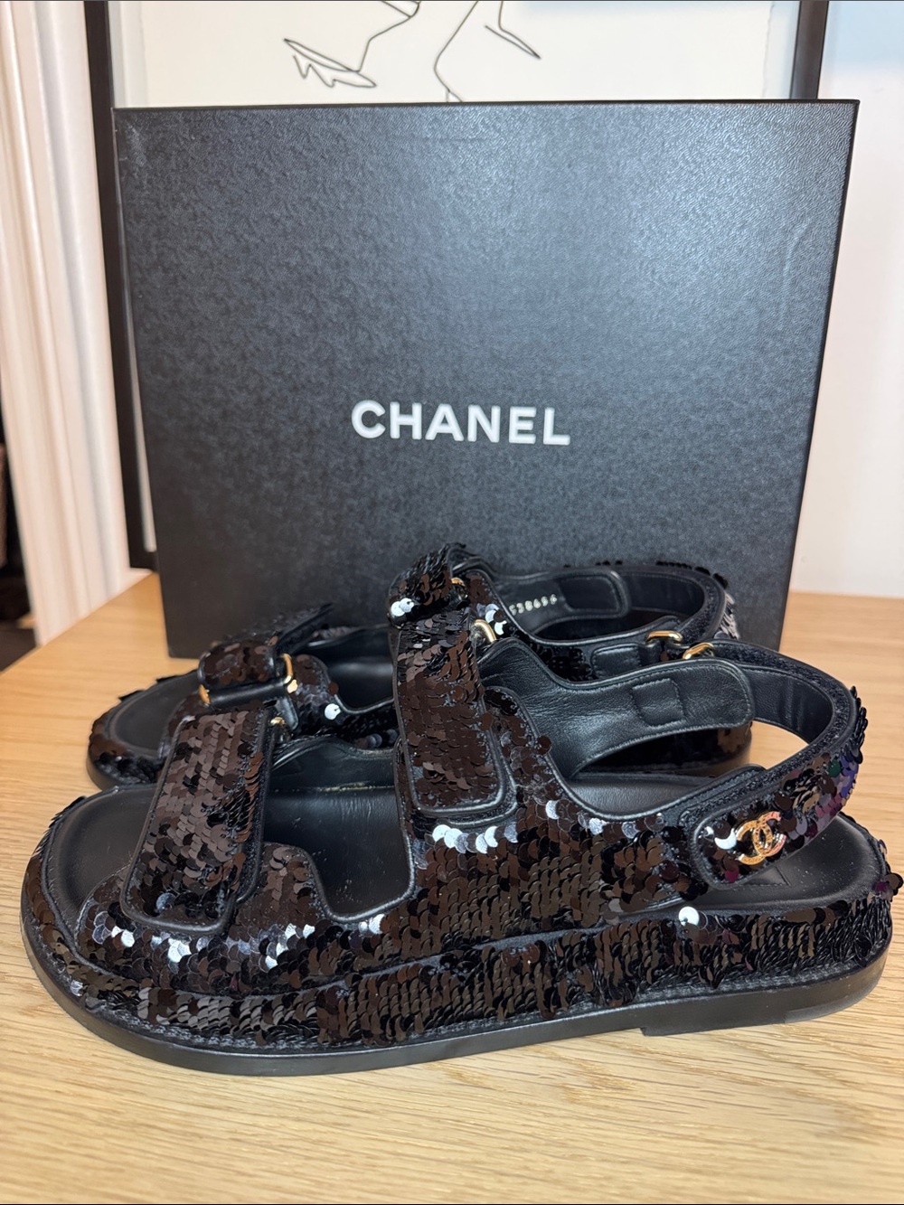 CHANEL Black Sequin Double-Strap Dad Sandals